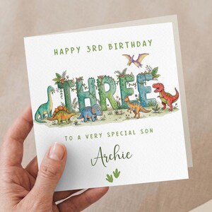 Personalised 3RD Birthday Card for Boy, Dinosaur Birthday Card Dino Kids Card Cute Birthday Card for Son Grandson 3rd Birthday Card Dinosaur image 3