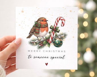 Tarjeta navideña personalizada de petirrojo, tarjeta navideña de bastón de caramelo, Feliz Navidad a alguien especial, tarjeta navideña tradicional de pájaro, tarjeta navideña para amigos