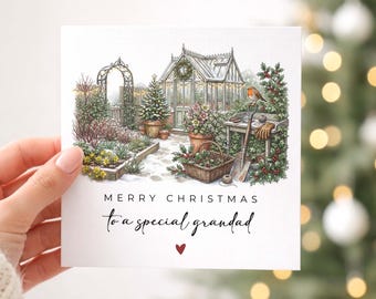 Tarjeta de Navidad personalizada para el abuelo, tarjeta de Navidad personalizada con diseño de invernadero, tarjeta de Navidad para un abuelo especial, tarjeta navideña para amantes de la jardinería.