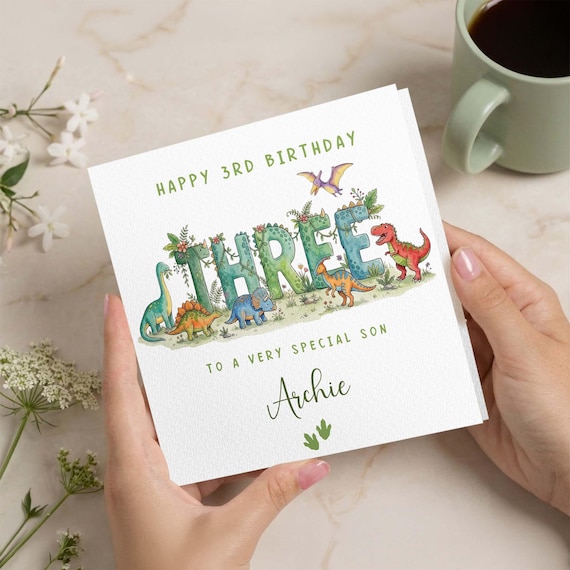 Personalised 3RD Birthday Card for Boy, Dinosaur Birthday Card Dino Kids Card Cute Birthday Card for Son Grandson 3rd Birthday Card Dinosaur