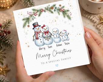 Personalised Snowmen Family Christmas Card, Custom Family Xmas Card Name, Snowman Family, Merry Christmas To A Special Family Custom