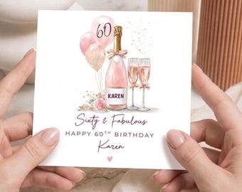 Personalised 60th Birthday Card, Champagne & Pink Balloons Personalised Birthday Card, 60th Birthday Card For Friend, Daughter, Niece