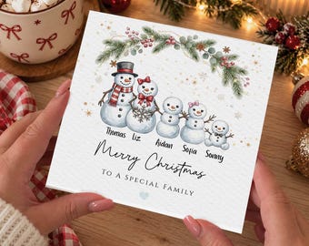 Personalised Snowmen Family Christmas Card, Custom Family Xmas Card Name, Snowman Family, Merry Christmas To A Special Family Custom