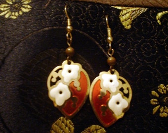 Floral Enamel Dangle Earrings Gold with Red and White Blossoms