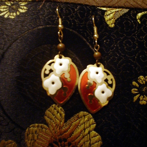 Floral Enamel Dangle Earrings Gold with Red and White Blossoms