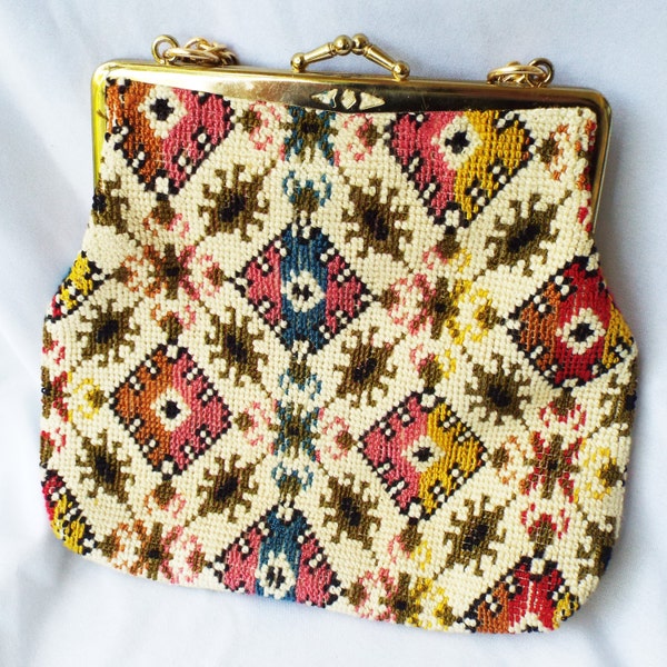 Vintage 1970's Geometric Pattern Tapestry Frame Purse