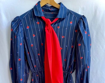Vintage 70’s 80’s Striped Belted Dress Navy Blue with Red Necktie City Shirts by Melissa Lane Sz S M