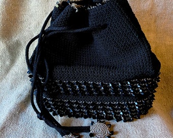 Vintage Beaded Purse Black Glass Beads Arm Bag Silver Metallic Crocheted Cinch Arm Bag