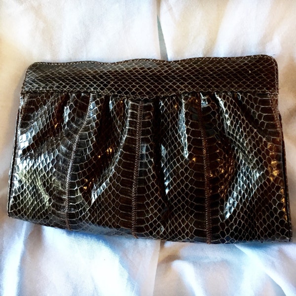 Vintage Snakeskin Clutch Leather Bag Purse Brown Neutral Animal Print
