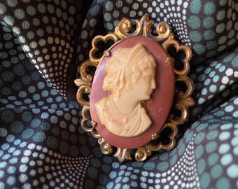 Vintage Grecian Cameo Brooch Carved Woman Pin