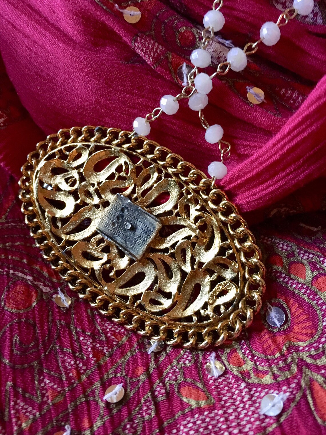 White and Gold Bead Chain Necklace With Vintage Repurposed Pendant Etsy