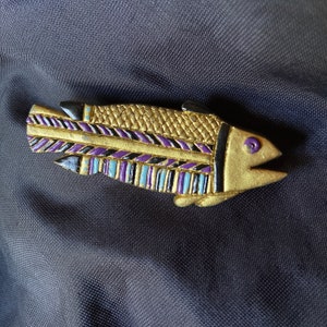 Vintage Handcrafted Fish Pin Blue Purple Gold