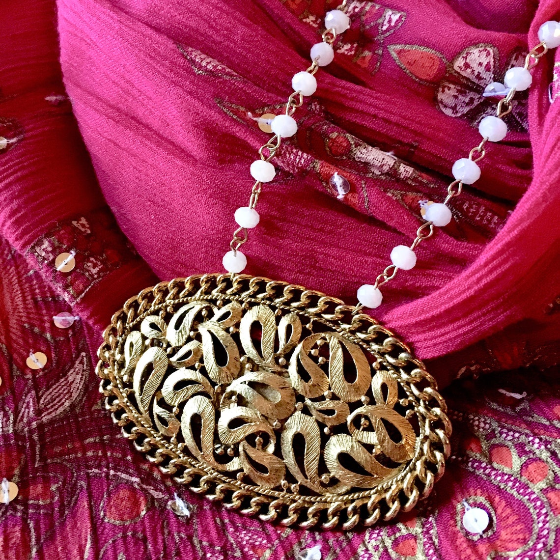 White and Gold Bead Chain Necklace With Vintage Repurposed Pendant Etsy