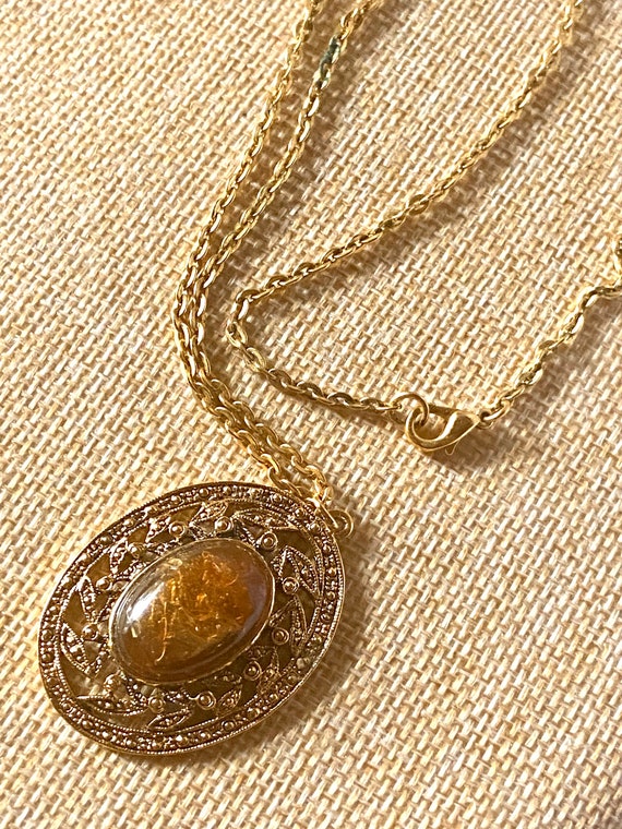 Vintage SFJ Pendant Necklace Gold Frame Necklace with… Gem