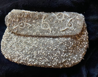 Vintage Clutch Purse Champagne Arm Bag Heavily Beaded Silver Beads Mini Pearls