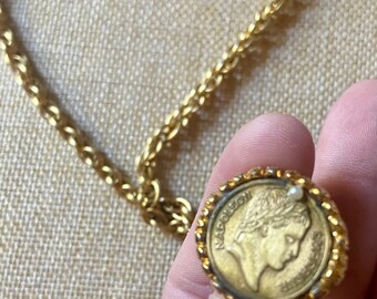 Vintage Coin Necklace Napoleon French Domed Pendant with Mini Pearl on Goldtone Rope Chain