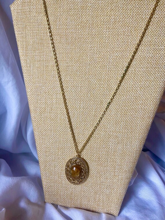 Vintage SFJ Pendant Necklace Gold Frame Necklace with… Gem