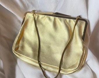 Vintage Gold Clutch Frame Purse Western Germany Handbag Leather Bag Adjustable Snake Chain Arm Strap