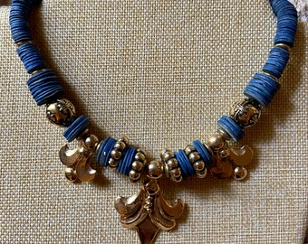 Vintage Dauplaise Fleur de Lis Statement Necklace Blue Gold Coconut Shell Molded French Beads