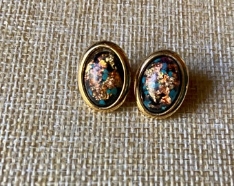 Vintage Foil Earrings Sparkly Oval Studs Sparkly Glitter in Resin