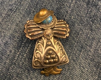 Vintage Western Angel Brooch with Faux Turquoise Cabochon