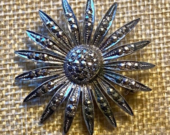 Vintage European 2” 835 Silver Brooch Pin Pavé Marcasite Stones Sunburst Flower