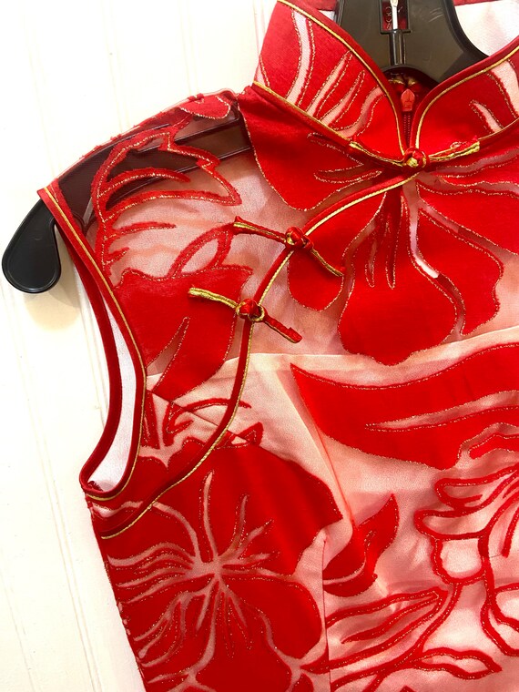 Vintage Hand Sewn Asian Style Dress Red Floral Sh… - image 3