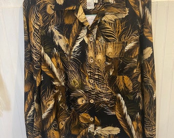 Vintage NATURAL ELEMENTS Women’s Long Sleeve Button Up Blouse Sz 8 M 100% Silk Peacock Feather Print