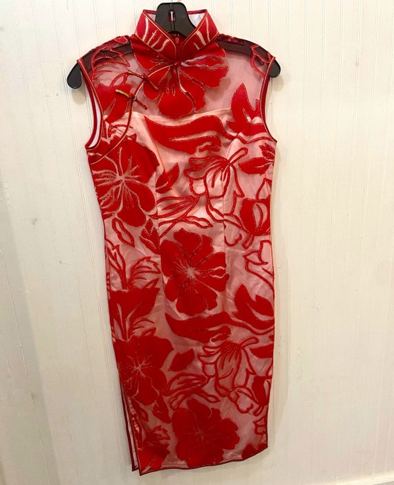 Vintage Hand Sewn Asian Style Dress Red Floral Sh… - image 1