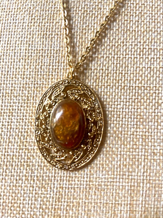 Vintage SFJ Pendant Necklace Gold Frame Necklace with… Gem