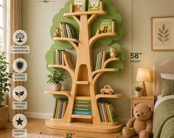 Montessori Baum Bücherregal für Kinder | Hölzernes Kinderzimmer-Bücherregal | Spielzeug-Aufbewahrungs-Organizer | Kinderzimmer Regal | Handgefertigte Möbel aus Holz