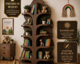 Dark Wood Tree Bookshelf for Kids | Montessori Wooden Bookcase | Nursery Toy Storage Shelf | Kids Room Organizer