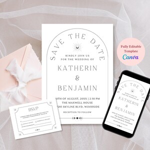 Op de afbeelding: Een trouwuitnodigingssuite met een Save the Date-kaart, een RSVP-kaart en een telefoon met de uitnodiging. Het ontwerp is minimalistisch met zwarte tekst op een witte achtergrond. De tekst bevat de namen Katherin & Benjamin.