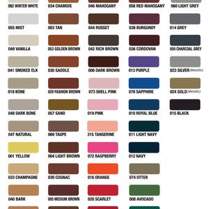 Leather color chart displaying a wide range of leather swatches including black, brown, tan, burgundy, red, blue, green, grey, white, pink, orange, yellow, metallic gold, and metallic silver color options for custom leather jackets, apparel, and accessories.