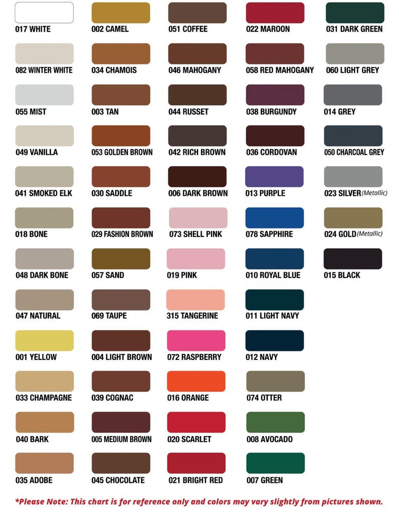 Leather color chart displaying a wide range of leather swatches including black, brown, tan, burgundy, red, blue, green, grey, white, pink, orange, yellow, metallic gold, and metallic silver color options for custom leather jackets, apparel, and accessories.