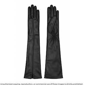 Long black leather opera gloves for women featuring a center seam line, full-finger design, and elegant above-the-elbow length.
