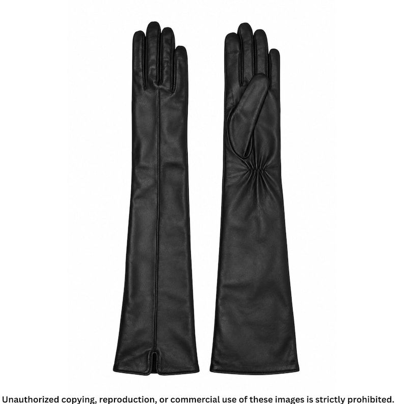 Long black leather opera gloves for women featuring a center seam line, full-finger design, and elegant above-the-elbow length.