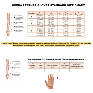 Opera leather gloves size chart with standard sizing, measuring guide for upper arm, wrist, palm circumference, glove length, and custom measurement template for a perfect fit.