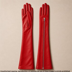 Handmade red opera-length leather gloves crafted from premium soft Nappa leather with a full-length silver zipper. Elegant full-finger luxury gloves perfect for evening wear, formal events, driving, vintage fashion, couture styling, bridal accessories, and timeless winter elegance.
