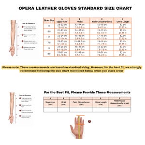 Opera leather gloves size chart with standard sizing, measuring guide for upper arm, wrist, palm circumference, glove length, and custom measurement template for a perfect fit.