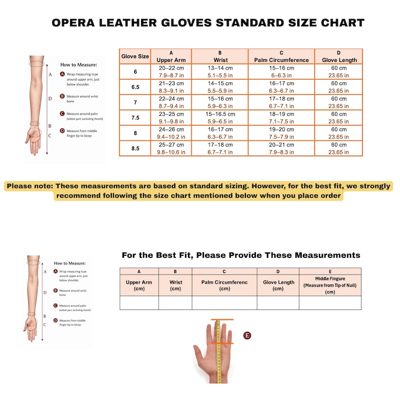 Opera leather gloves size chart with standard sizing, measuring guide for upper arm, wrist, palm circumference, glove length, and custom measurement template for a perfect fit.