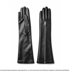 Luxury black long leather gloves handcrafted from premium soft Nappa leather with a full-length silver zipper. Elegant opera-length full-finger driving gloves for women, ideal for formal wear, vintage fashion, evening outfits, winter styling, and timeless luxury accessories.
