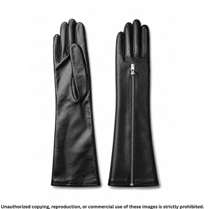 Luxury black long leather gloves handcrafted from premium soft Nappa leather with a full-length silver zipper. Elegant opera-length full-finger driving gloves for women, ideal for formal wear, vintage fashion, evening outfits, winter styling, and timeless luxury accessories.