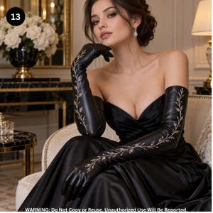 May include: Black opera-length gloves made of a smooth material, featuring an intricate, delicate silver-toned vine and leaf embroidery pattern running along the outer forearm. The gloves extend past the elbow, providing a sleek, fitted appearance.