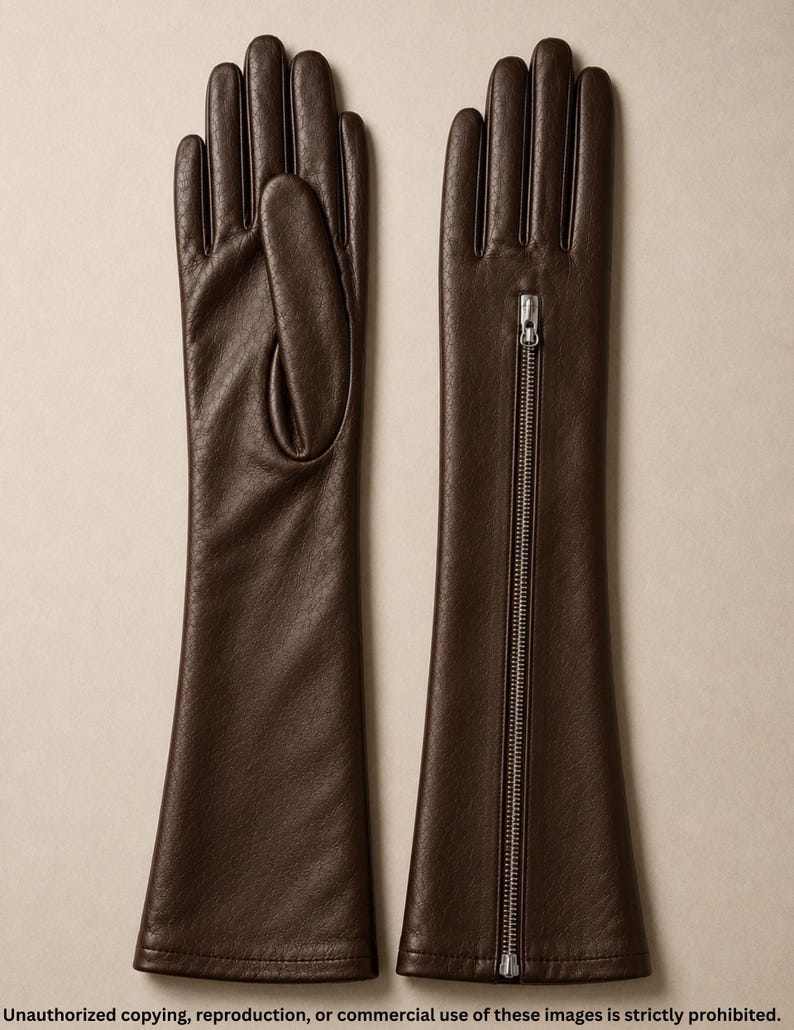 Handmade dark brown long leather gloves crafted from premium soft Nappa leather with a full-length silver zipper. Elegant opera-length gloves featuring a full-finger design, perfect for driving, evening wear, vintage fashion, luxury styling, winter outfits, and timeless wardrobe accessories.