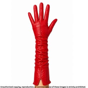 Red long leather opera glove for women with ruched detailing, a raised center seam line, full fingers, and a small cuff slit.