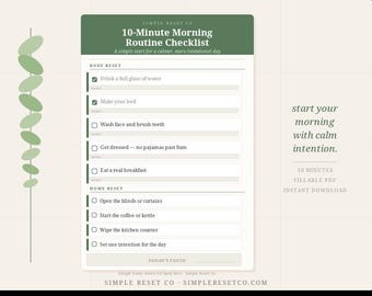 Checklist voor ochtendroutine van 10 minuten | Dagelijkse reset, thuisorganisatie (invulbare pdf)