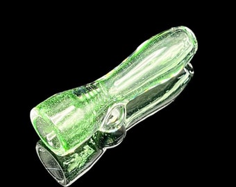 Hand blown transparent green colored glass chillum, glass art