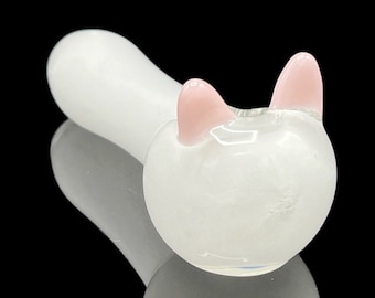 Hand blown Snowy White Cat pipe/glass animal/smoking pipe/glass art/pink ears