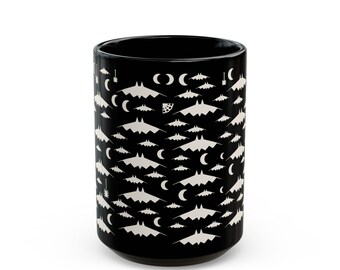 Bats & Spiders Wallpaper Mug | Cream on Black Halloween Coffee Mug 15oz